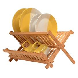 Collapsible Dish Drying Rack - Bamboo 2-Tier Dish Drainer Kitchen Plate Rack for Kitchen Countertop - Foldable & Compact for Space-Saving Storage