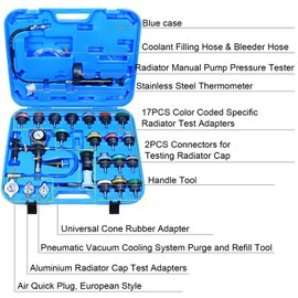 YSTOOL Radiator Pressure Tester Coolant Vacuum Refill Kit 28PCS Automotive Cooling System Leak Test Pneumatic Water Tank Purge Fill Tool Set with Gauge Adapter Cap Universal for Auto Car Airlift
