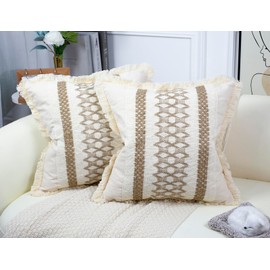 DRNOU Neutral Accent Burlap Square Pillow Covers 20 x 20,Cute Fringed Throw Pillow Cover,Boho Cushion Cover Checkboard Decorative Pillow Case for Couch Bed Sofa Farmhouse,Rustic Retro,Set of 2 Khaki