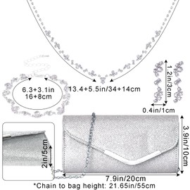 Rbenxia 4 Pieces Silver Jewelry Set Women Evening Rhinestone Jewelry Set Bling Glitter Silver Clutch Purse Necklace Earrings Bracelets for Women Bride Wedding Evening Party