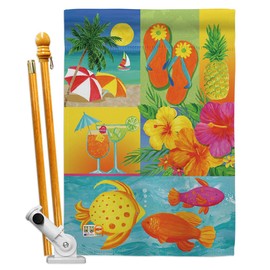 Breeze Decor HS106067-BO Tropical Collage Summer Fun in The Sun Decorative Vertical, House Flag Set 28"x 40" w/Flagpole, Multi-Color