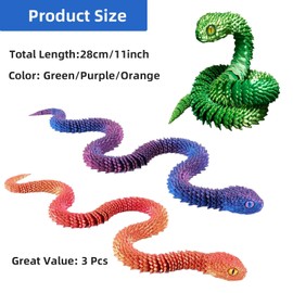 Myqiqi 3D Printed Joint Snakes Set (11 in, 3 Pieces) - Flexible Joint Snakes Animal Fidget Toy for Autism/ADHD (Purple, Red, Green)