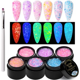 MEET ACROSS Glow in the Dark Gel Nail Polish, Luminous Nail Gel Polish Set with Nail Brush, Glow Effect Gel Nail Polish within Different Shape Sequins for DIY Nail Art Salon