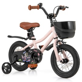 BABY JOY Kids Bike, 12" Tank Bear DIY Children's Bicycle with Training Wheels, Storage Basket, Adjustable Handlebar & Seat, Handbrake & Coaster Brake, Girls Boys Bike (Pink)