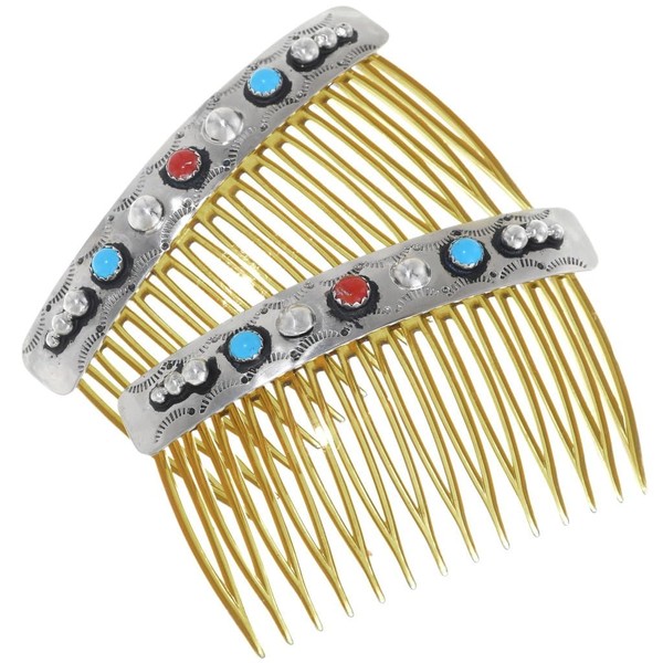 Navajo Turquoise Coral Silver Hair Combs Sterling Set of Two
