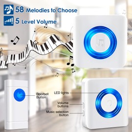 Wireless Doorbell 4 Receivers, Door Chime Kit 400M/1300ft Long Range, 2 Push Buttons with IP55 Waterproof/58 Melodies/5 Volume Levels/Flash Light - White