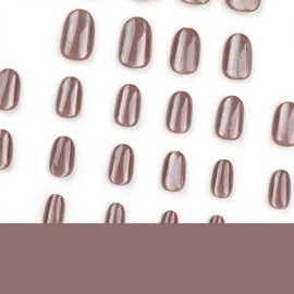 Press on Nails Short Cat Eye Oval Acrylic Nails Press ons Bling Solid Color Dark Brown Full Cover Glue on Nails Glossy Artificia Fake Nails Silver Glitter Stick on Nails for Women Girls 24 Pcs