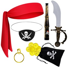 Orgoue Orgoue 7Stück Piratenkostüm Kinder, Piraten Kostüm Zubehörfrauen Männer Pirate Accessories Augenklappe Pirat Piraten Kostüm Kinder Piraten Bandana Stirnband Augenklappe Fernglas Für Karneval