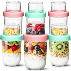 ComSaf 6-Pack 16 oz Overnight Oats Containers with Lids, Dual-Layer Chia Pudding Jars with Dry and Wet Separation, Yogurt Parfait Cups for Oatmeal Cereal Nut Fruit, Meal Prep Glass Jars for Salad