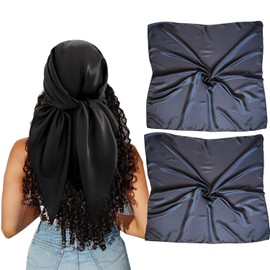 2pcs 35”Satin Head Scarf Silk Like Hair Scarf Large Head Scarves Bandana Head Wraps Headscarfs for Women Black