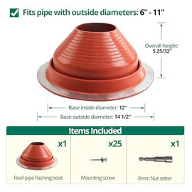 Benfar 7 High Temp Roof Boot Kit Metal Roofing Flashing Boots with Screws Silicone Flexible for Wood Stove Pipe OD 6" to 11" 1 Pack BR04
