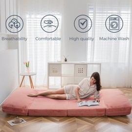 MAXYOYO Bean Bag Bed Folding Sofa Bed Floor Mattress for Adults, Extra Thick and Long Floor Sofa with Faux Fur Washable Cover, Single Floor Couch Bed for Bedroom Living Room, Pink, 30x95 Inch