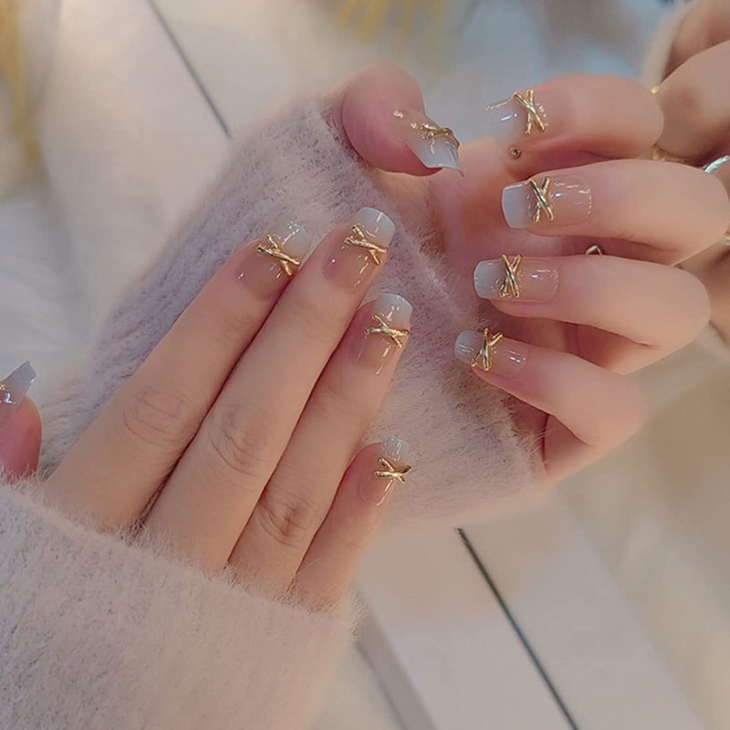 SINLOV 24pcs Square Coffin Nails Fake Nude Acrylic Print on