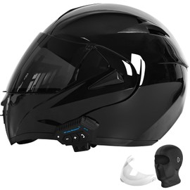 Motorcycle Bluetooth Modular Helmet, DOT Approved Dual Visor Full Face Flip Up Bluetooth Integrated Motorcycle Helmet for Adults Men and Women (Bright Black,Small)