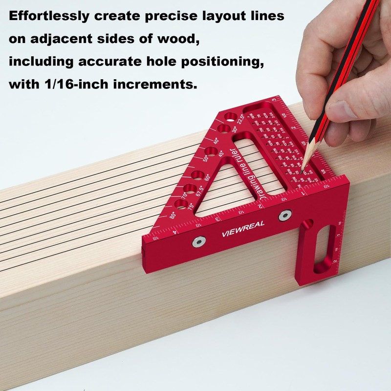 ViewReal Premium Carpenter Square Hole Scribing Ruler Woodworking Square 22.5-90