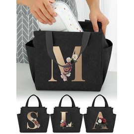 Large Capacity Letter & Floral Pattern Lunch Bag, Insulated Lunch Box Storage Handbag, Portable Lunch Bag for Travel, School, Office, Picnic, Camping - Color: Black, Size: Letter-M