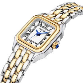 TKIIOER Gold Watches for Women, Vintage Roman Dial Ladies Watche, Two Tone Rectangular Case Analog Womens Watch (Gold and Silver)