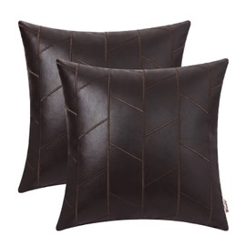 BRAWARM Faux Leather Pillow Covers 22 X 22 Inches, Brown Leather Pillow Covers Pack of 2, Geometric Embroidery Leather Decorative Throw Pillows for Living Room Couch Bed Sofa Home