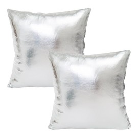 WOMHOPE Set of 2 Decorative Throw Pillow Covers Metallic Faux Leather Square Throw Pillowcase Cushion Covers Party for Sofa,Couch 18 x 18 Inches(2 Pcs Silver)
