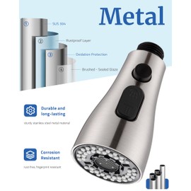 Metal Kitchen Faucet Head Replacement - with 15 Adapters, Low-Lead Sprayer Head for Pull Down Sink Faucet, 3-Mode Stainless Steel Spray Nozzle, Compatible with Delta, Moen, Kohler, Brushed Nickel