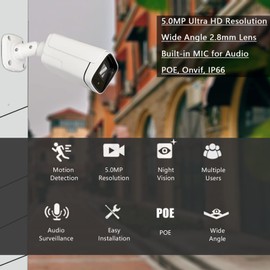 WiTi 5MP POE Wired IP Camera, Security Surveillance Bullet Camera with Audio Microphone, Wide Angle 2.8mm Lens Works on NVR Recorder Systems, Auto Night Vision Outdoor Waterproof IP66