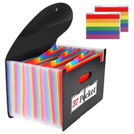 37-Pocket Expanding File Folder with Labels, A4/Letter Size Accordion Document Organizer, Portable Black Folder for Office, School & Home
