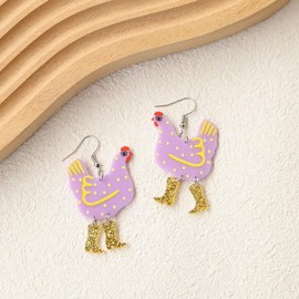 Chicken in Boots Dangle Earrings - Rooster in High Heels Drop Earrings - Funny Animal Earrings for Women and (Acrylic-purple)