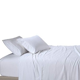 Royal Tradition Damask Striped 580-Thread-Count, 100-Percent Cotton King Size Bed Sheets Set, White