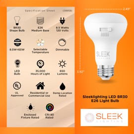 SLEEKLIGHTING BR30 65W Equivalent 8.5 Watt LED Bulb, 5 CCT (2700K, 3000K, 3500K, 4000K, 5000K) 650 Lumens, Dimmable, Energy Star, E26 Base - Indoor and Outdoor Use (4 Pack)