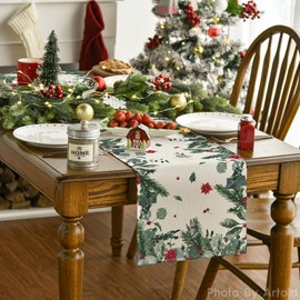 Artoid Mode Camino de Mesa Navideño de Hojas Verdes Flor de Pascua Acebo, Decoración de Mesa de Cocina y Comedor de Invierno Estacional para Fiesta en Casa 13x36 Pulgadas