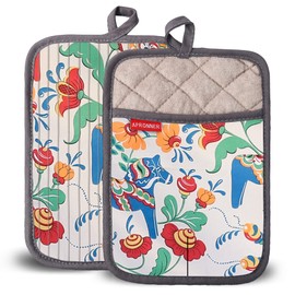 Pot Holders for Kitchen Heat Resistant Cotton Linen with Silicone Non-Slip Texture Thick Terry Lining Set of 2 Flowers and Trojans