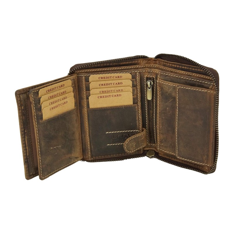 LEAS Vintage Style Zip Wallet in Genuine Leather Dark Cognac