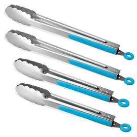304 Stainless Steel Kitchen Cooking Tongs,9" and 12" Set of 4 Sturdy Grilling Barbeque Brushed Locking Food Tongs with Ergonomic Grip, Blue