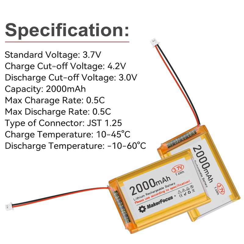 MakerFocus 1pcs 3.7V 2000mAh 7.4Wh Lithium Polymer Rechargeable Battery 1S