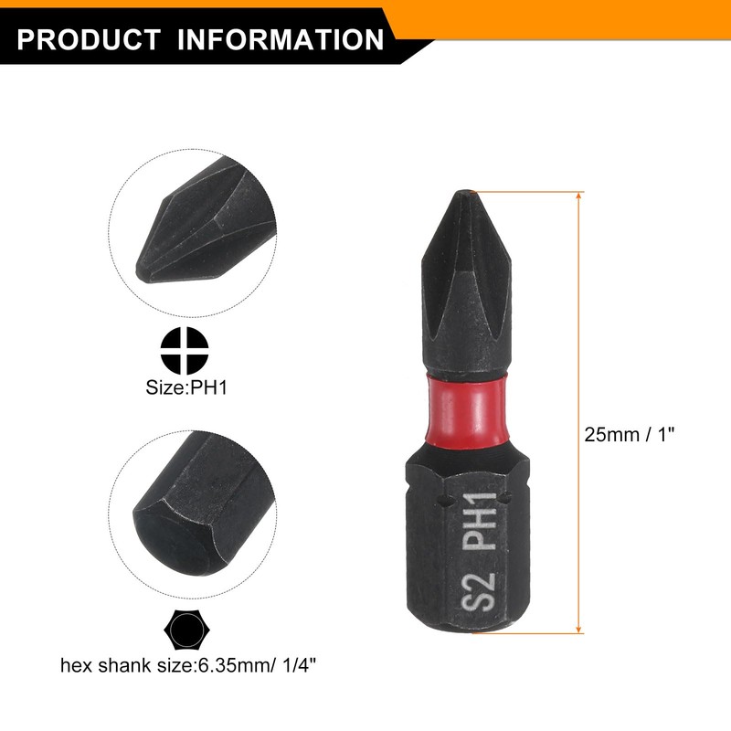 sourcing map 2pcs PH1 Phillips Screwdriver Bit 1/4" Hex Shank