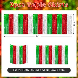 2 Packs Christmas Table Skirts Metallic Foil Fringe Table Curtain Tinsel Green Red Silver Table Skirt Streamer Backdrop for Christmas Birthday Party Decorations, 29.5x108 Inch