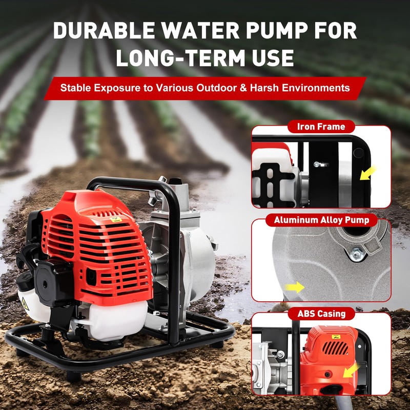 1-Inch Gas-Powered Water Transfer Pump,43CC 2-Stroke Semi-Trash Water Pump,Heavy Duty