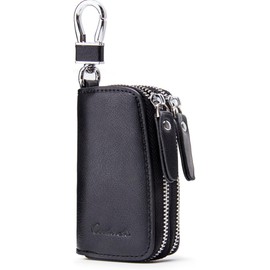 CONTACTS Estuche de cuero para llaves de coche con doble cremallera y llaveros para hombre y mujer