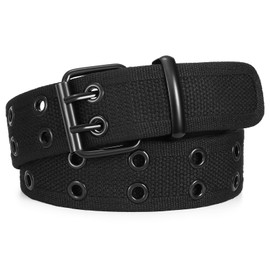JasGood Rivet Belt Double Hole Grommet Canvas Work Belt for Men Women Unisex Casual Woven Belt Fabric Belt Black Belt for Jeans Pants, black