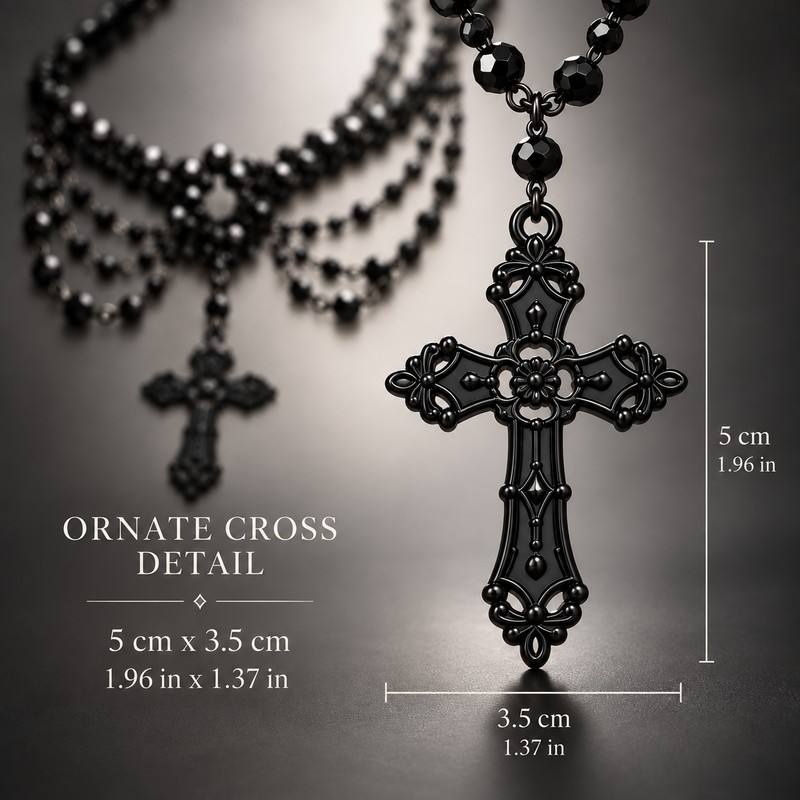 Layered Black Beaded Cross Necklace, Draped Multi-Strand Gothic Choker for