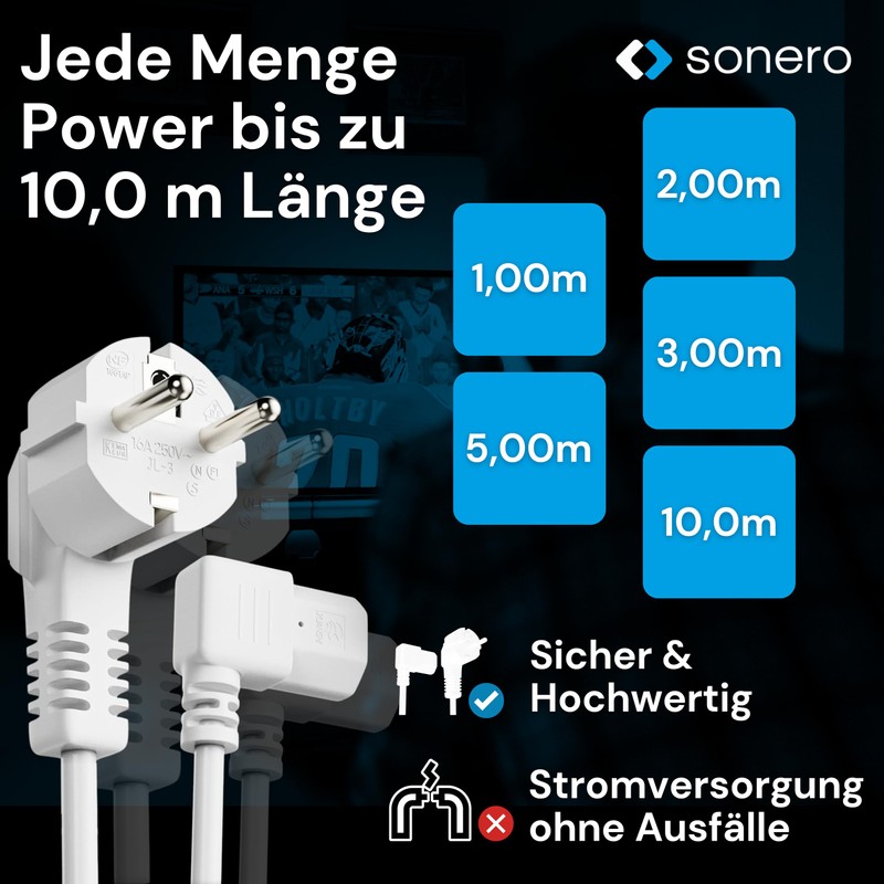 sonero Stromkabel Kaltgerätekabel 3 Polig, 2,0m, Schutzkontakt Schuko Stecker Netzstecker