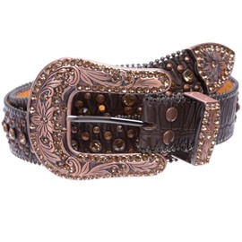 Western Cowgirl Faux Alligator Rhinestone Studded Leather Belt, Dark Brown | 32"