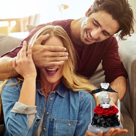 JoyFlower Preserved Flowers with Teddy Bear, Unique Pearl Roses Birthday Gifts for Women, Eternal Roses Cupid Bear in Glass Dome Gift for Mom Girlfriend Wife Her on Christmas, Anniversary(Red)