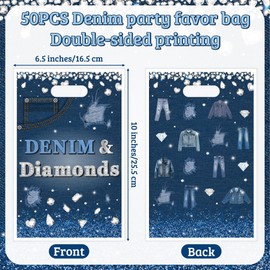 K1tpde 50PCS Denim and Diamonds Party Favor Bags, Denim Themed Blue Jacket Jeans Plastic Goodie Gift Bags Bulk with Handle for Kid, Crystal Birthday Party Supplies for Bachelorette Wedding Decor