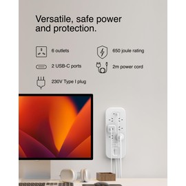 Belkin SurgePro 6-Outlet Surge Protector with Dual USB-C 30W, 2M Power Cord, RCM Safety Certified - SRB006AU2M