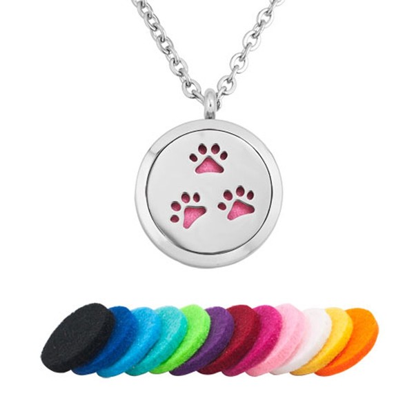 LovelyCharms Pet Paw Aromatherapy Essential Oil Diffuser Necklace with 12 pcs Refill Pads Stainless Steel Perfume Locket Necklace