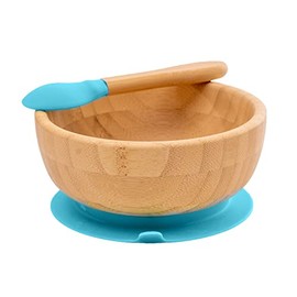bambuskind Kids Bowl with Suction Cup Bamboo Baby Plate with Spoon Blue