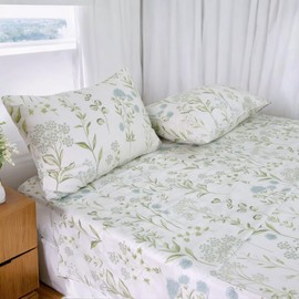 Helthep Floral Sheet Set Queen, 100% Cotton Green Botanical Pattern Sheets Blue Flower Printed Sheet Shabby Vintage Bedding with 17.5" Deep Pocket, 4Pcs Luxury Soft Bedding for Queen Size Bed