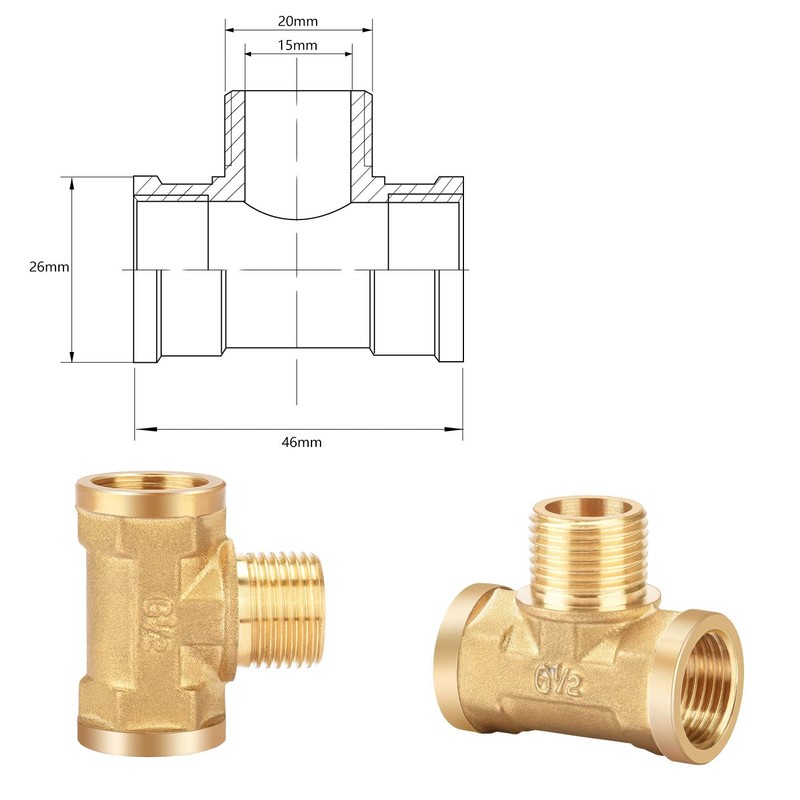 Nutmanel Brass T-piece 1/2 inch, brass T-piece, female thread/female thread,