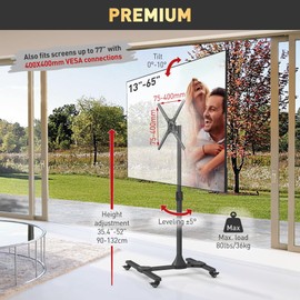 Barkan Mobile TV Cart 13-65 inch Tilt and Height Adjustment Stand, Holds Up to 80 lbs, Glossy Finish, Lockable Wheels, 5 Year Warranty, Rolling Trolley, Fits LED OLED LCD, Black